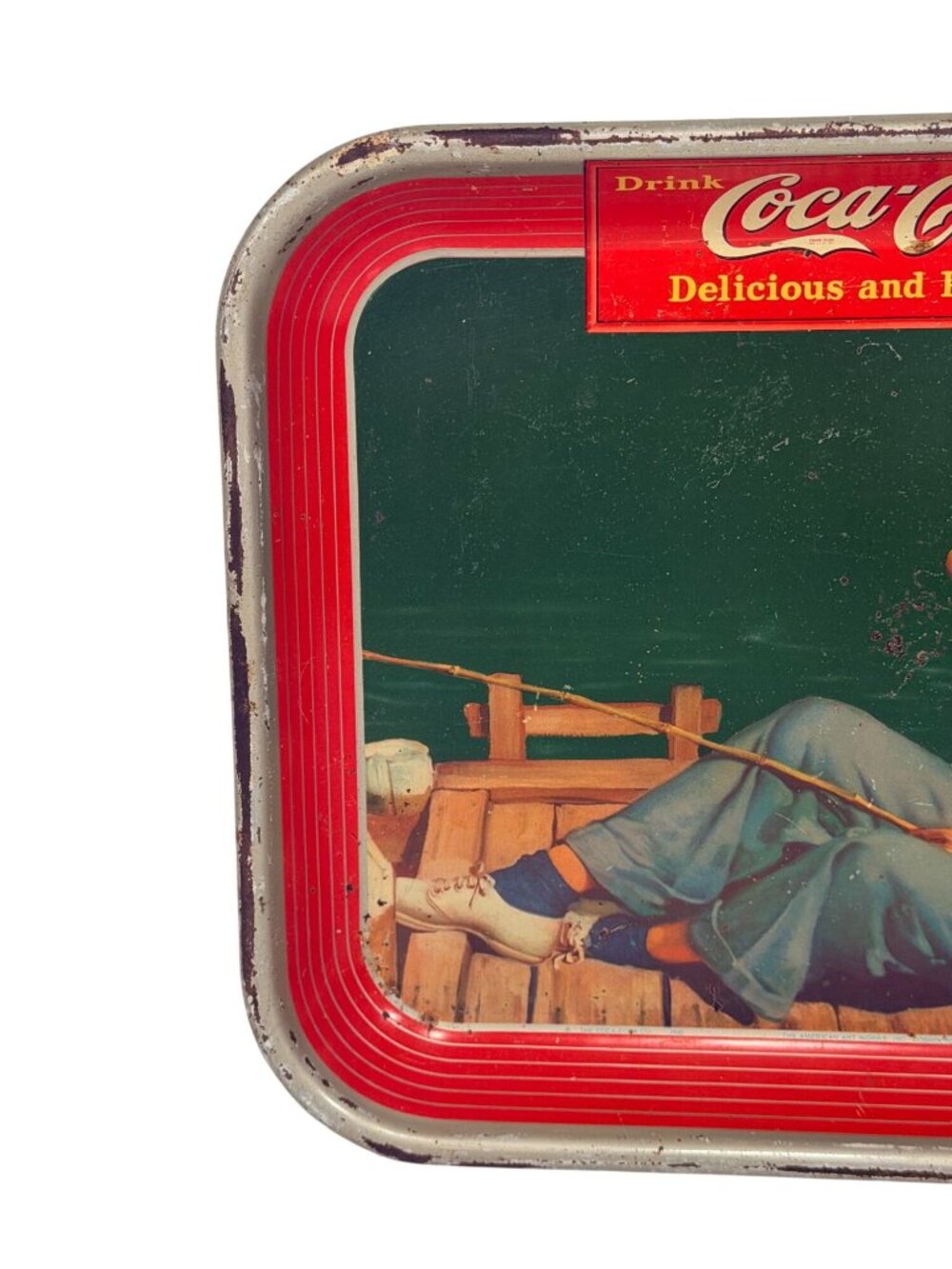 Vintage 1940 Coca-Cola Tin Tray Retro Sailor Fishing Girl Design 13" x 10.5" - Picture 2 of 8